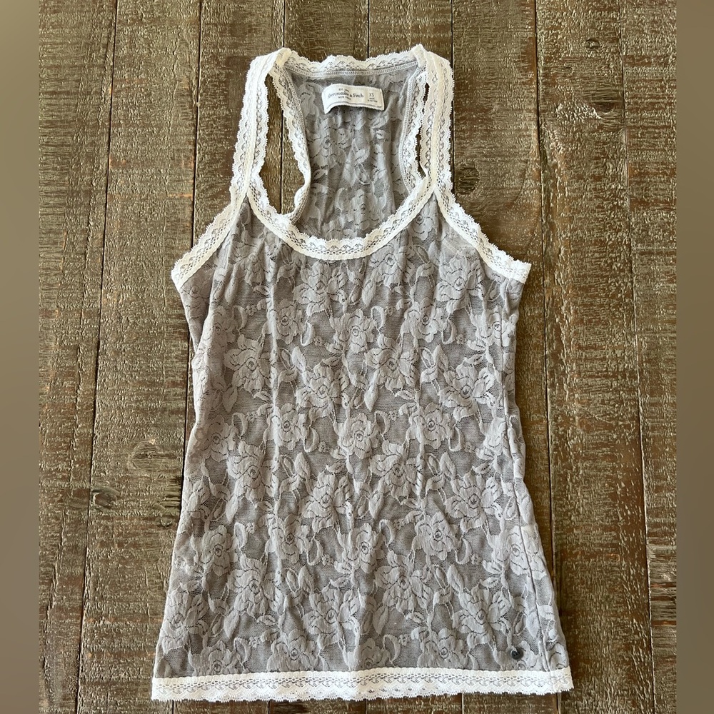 A&F Gray and White trimmed Stretch Lace Racerback Camisole